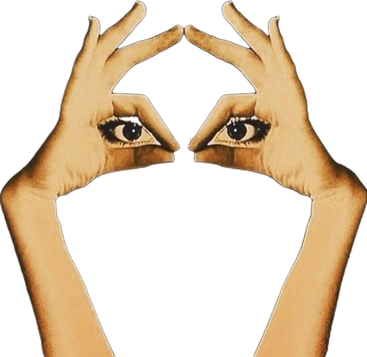 Two hands raised to frame a pair of eyes, watching the cursor.